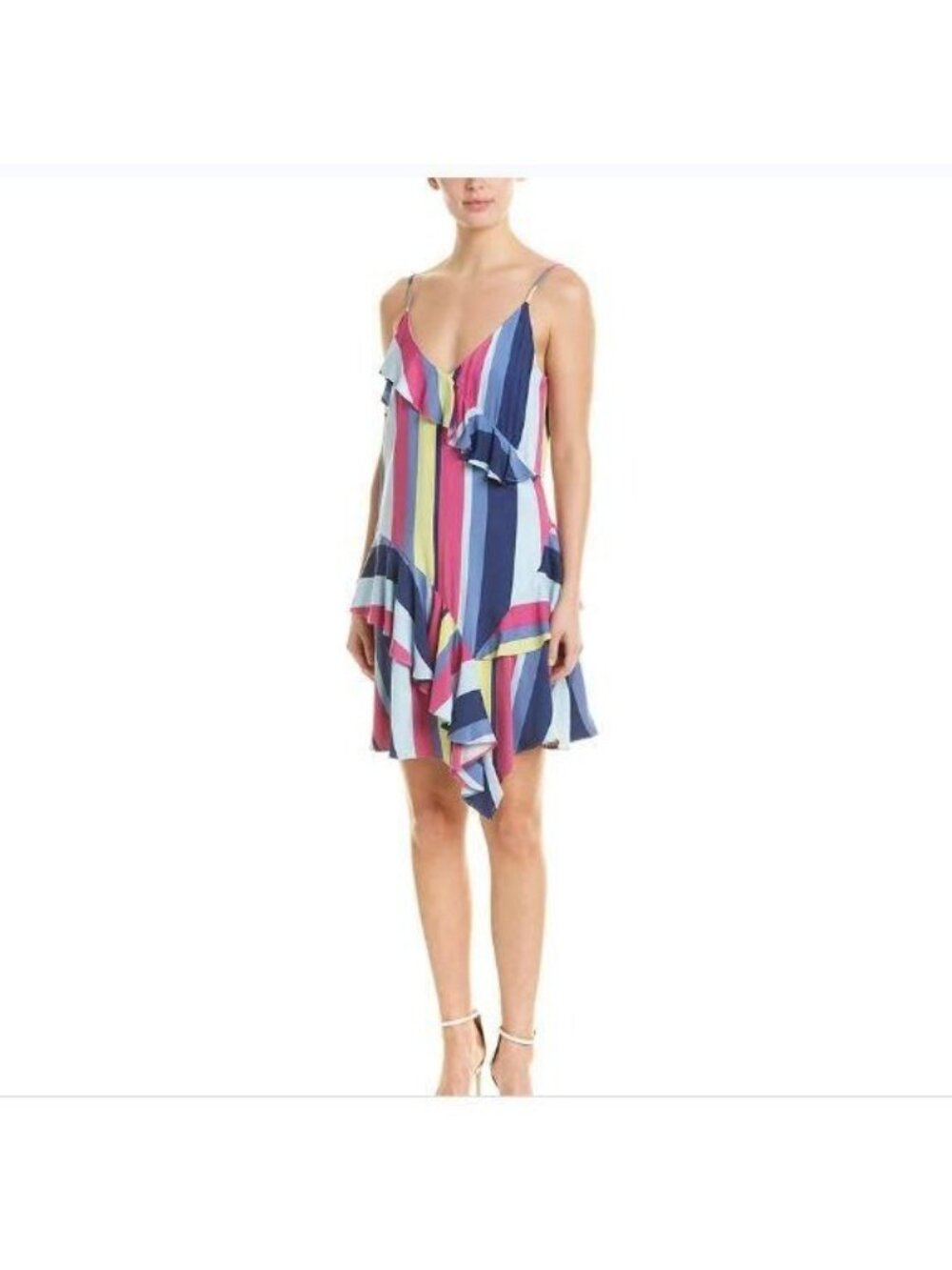Parker Dress Striped Sleeveless Ruffle Blue Pink Summer Designer 90s Womens S